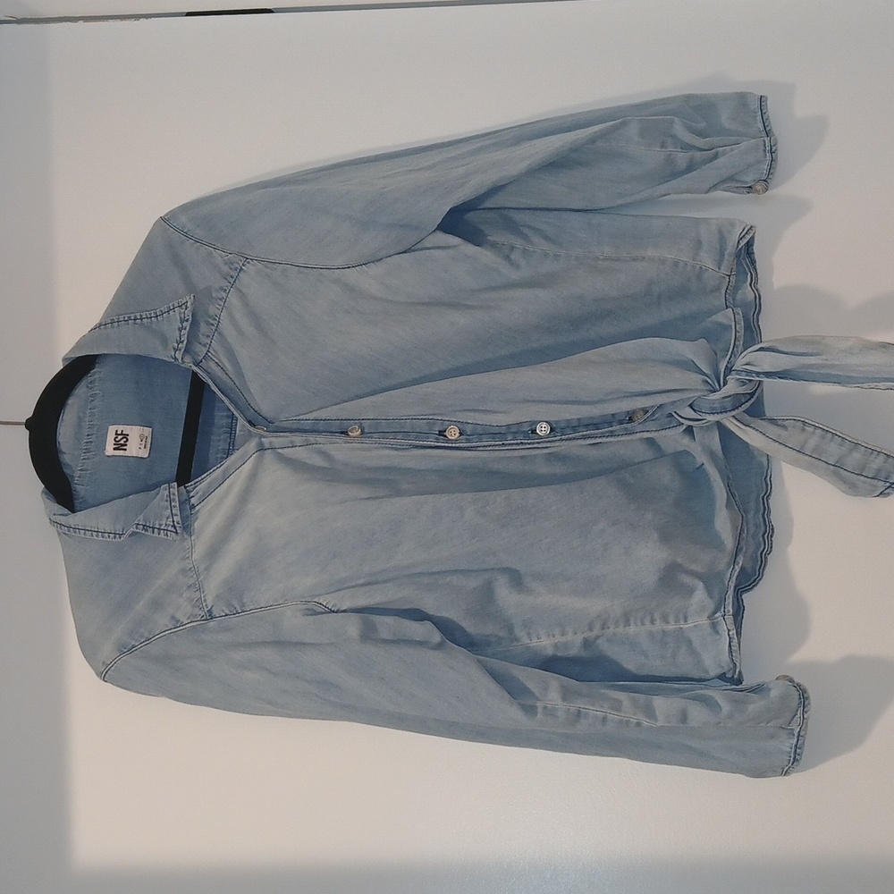 NSF Denim Tie Front Button Down Shirt